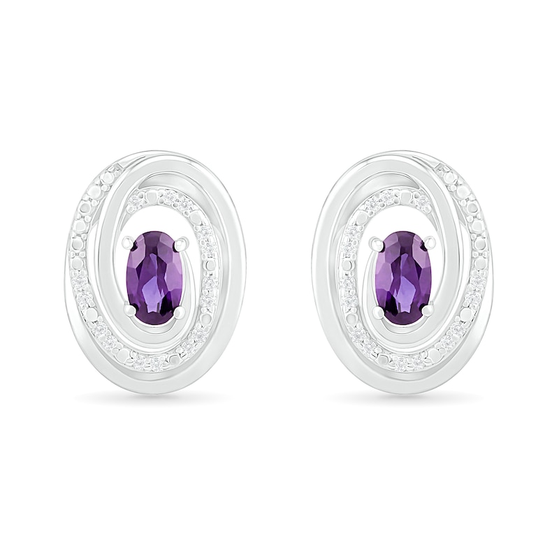 Oval Amethyst and 0.066 CT. T.W. Diamond Beaded Open Swirl Frame Stud Earrings in Sterling Silver