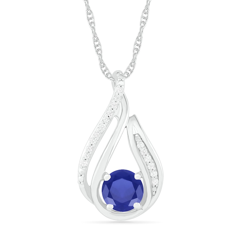 6.0mm Blue Lab-Created Sapphire and 0.066 CT. T.W. Diamond Beaded Open Flame Pendant in Sterling Silver