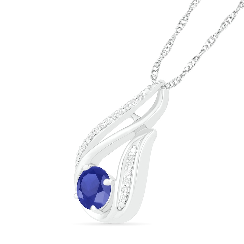 6.0mm Blue Lab-Created Sapphire and 0.066 CT. T.W. Diamond Beaded Open Flame Pendant in Sterling Silver
