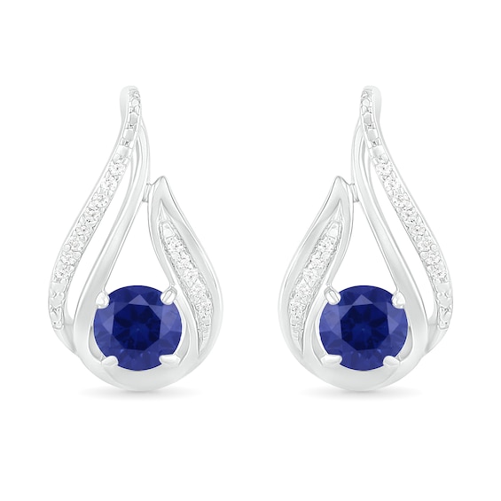 5.0mm Lab-Created Sapphire and 0.065 CT. T.W. Diamond Beaded Open Flame Stud Earrings in Sterling Silver