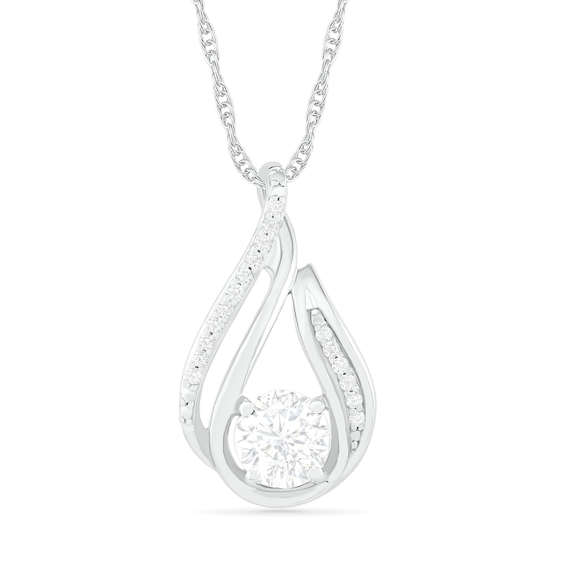 6.0mm White Lab-Created Sapphire and 0.066 CT. T.W. Diamond Beaded Open Flame Pendant in Sterling Silver