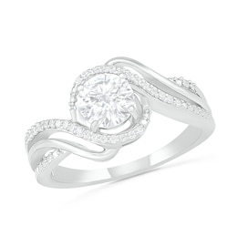 6.0mm White Lab-Created Sapphire and 0.065 CT. T.W. Diamond Beaded Triple Row Bypass Twist Shank Ring in Sterling Silver