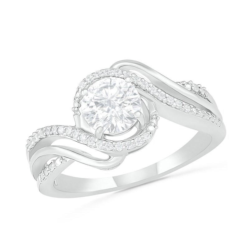 Main Image 1 of 6.0mm White Lab-Created Sapphire and 0.065 CT. T.W. Diamond Beaded Triple Row Bypass Twist Shank Ring in Sterling Silver
