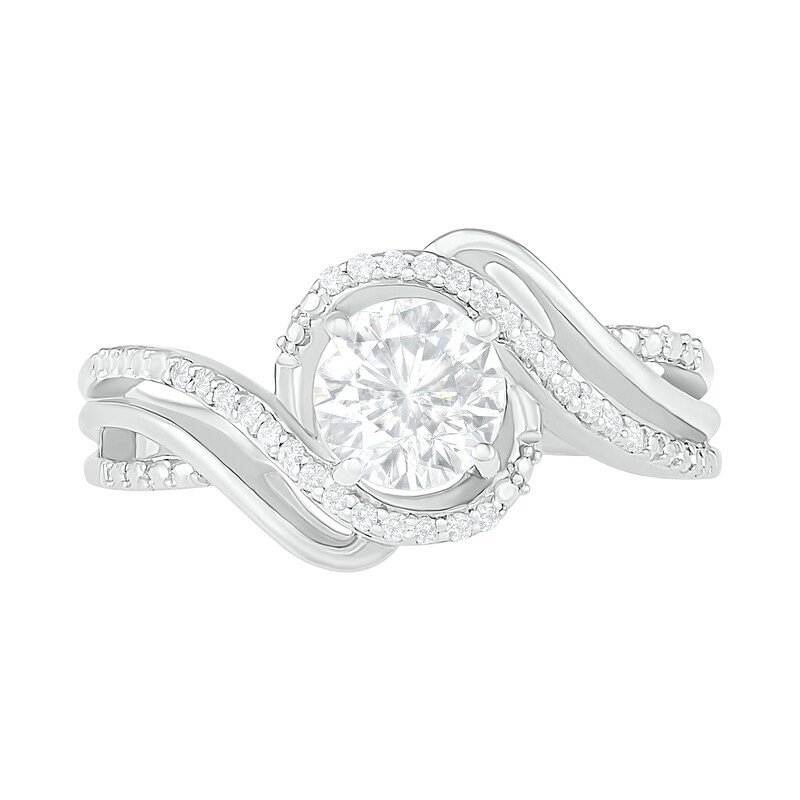 Main Image 2 of 6.0mm White Lab-Created Sapphire and 0.065 CT. T.W. Diamond Beaded Triple Row Bypass Twist Shank Ring in Sterling Silver