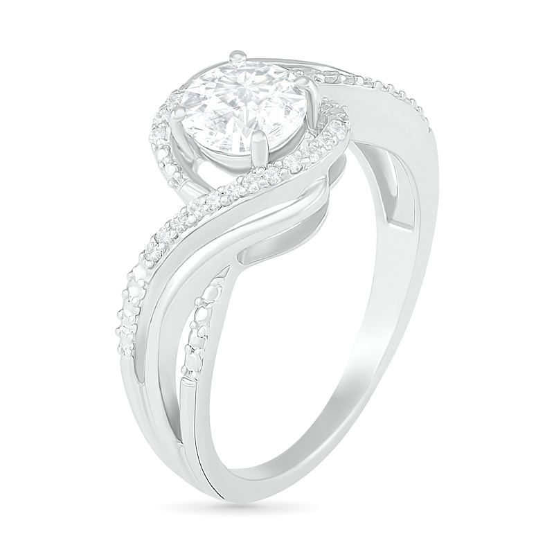 Main Image 3 of 6.0mm White Lab-Created Sapphire and 0.065 CT. T.W. Diamond Beaded Triple Row Bypass Twist Shank Ring in Sterling Silver