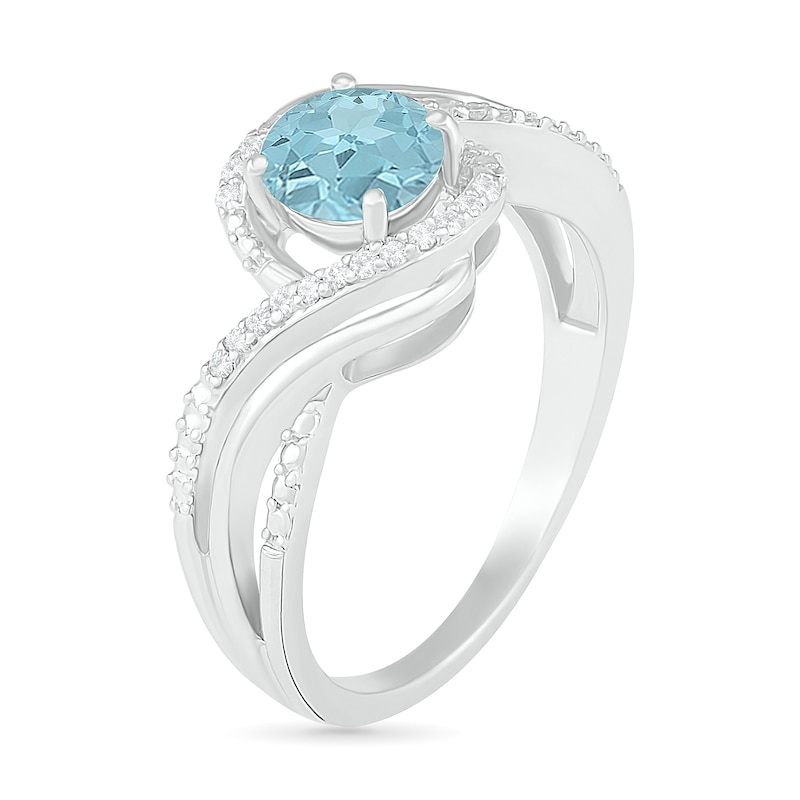 Main Image 3 of 6.0mm Aquamarine and 0.065 CT. T.W. Diamond Beaded Triple Row Bypass Twist Shank Ring in Sterling Silver