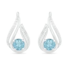 5.0mm Aquamarine and 0.065 CT. T.W. Diamond Beaded Open Flame Stud Earrings in Sterling Silver