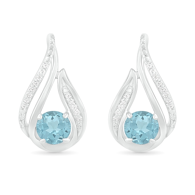 Main Image 1 of 5.0mm Aquamarine and 0.065 CT. T.W. Diamond Beaded Open Flame Stud Earrings in Sterling Silver