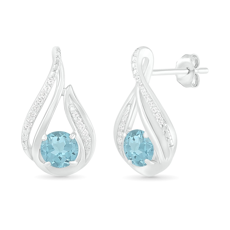 Main Image 2 of 5.0mm Aquamarine and 0.065 CT. T.W. Diamond Beaded Open Flame Stud Earrings in Sterling Silver