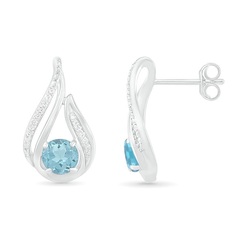 Main Image 3 of 5.0mm Aquamarine and 0.065 CT. T.W. Diamond Beaded Open Flame Stud Earrings in Sterling Silver