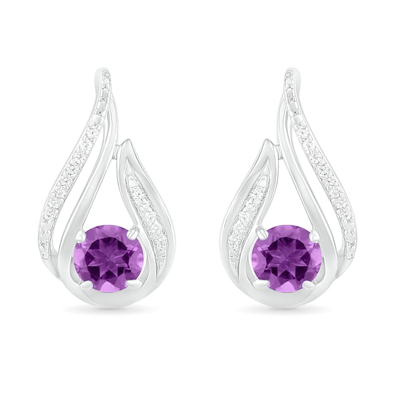 5.0mm Amethyst and 0.065 CT. T.W. Diamond Beaded Open Flame Stud Earrings in Sterling Silver