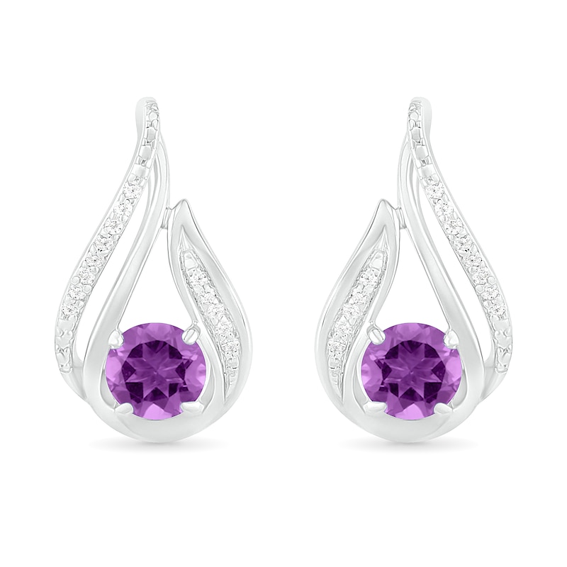 5.0mm Amethyst and 0.065 CT. T.W. Diamond Beaded Open Flame Stud Earrings in Sterling Silver