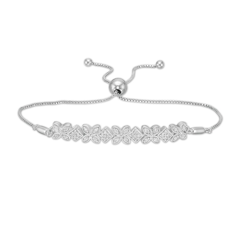 0.25 CT. T.W. Diamond Alternating Flowers Bolo Bracelet in Sterling Silver - 7.5"