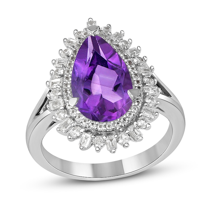 Pear-Shaped Amethyst and White Lab-Created Sapphire Double Shadow Frame Split Shank Ring in Sterling Silver|Peoples Jewellers