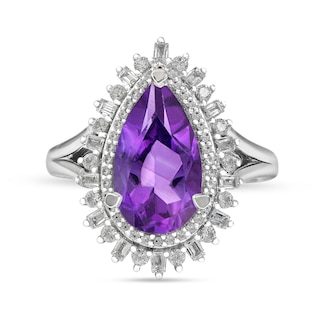 Pear-Shaped Amethyst and White Lab-Created Sapphire Double Shadow Frame Split Shank Ring in Sterling Silver