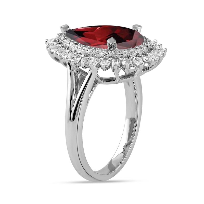 Pear-Shaped Garnet and White Lab-Created Sapphire Double Shadow Frame Split Shank Ring in Sterling Silver