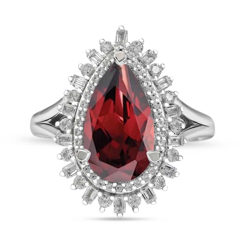 Pear-Shaped Garnet and White Lab-Created Sapphire Double Shadow Frame Split Shank Ring in Sterling Silver