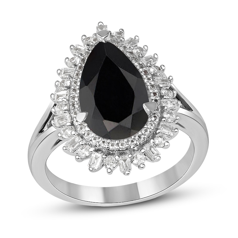 Pear-Shaped Onyx and White Lab-Created Sapphire Double Shadow Frame Split Shank Ring in Sterling Silver