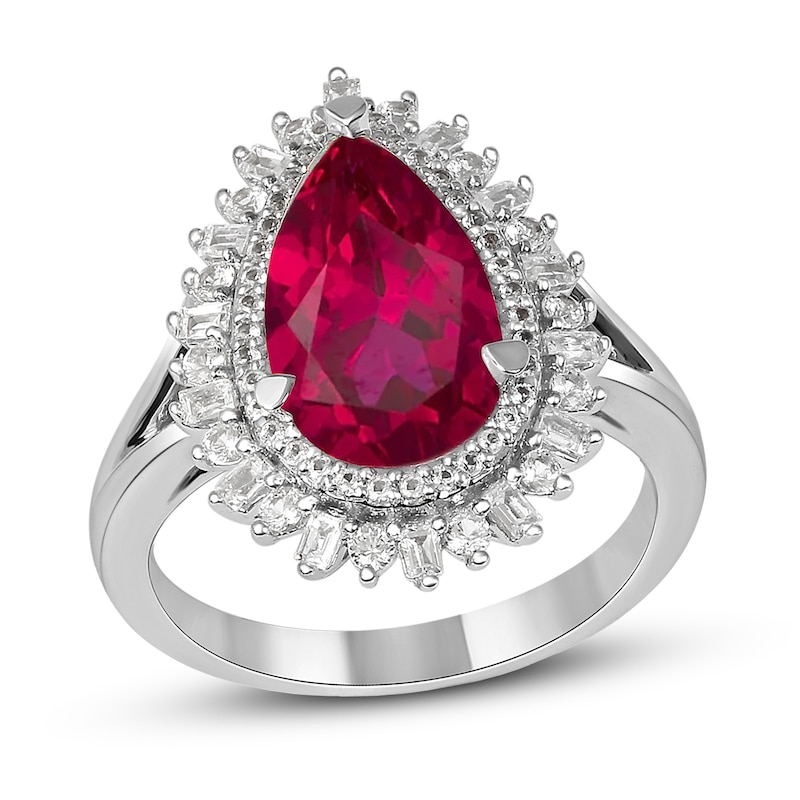 Pear-Shaped Lab-Created Ruby and White Lab-Created Sapphire Double Shadow Frame Split Shank Ring in Sterling Silver