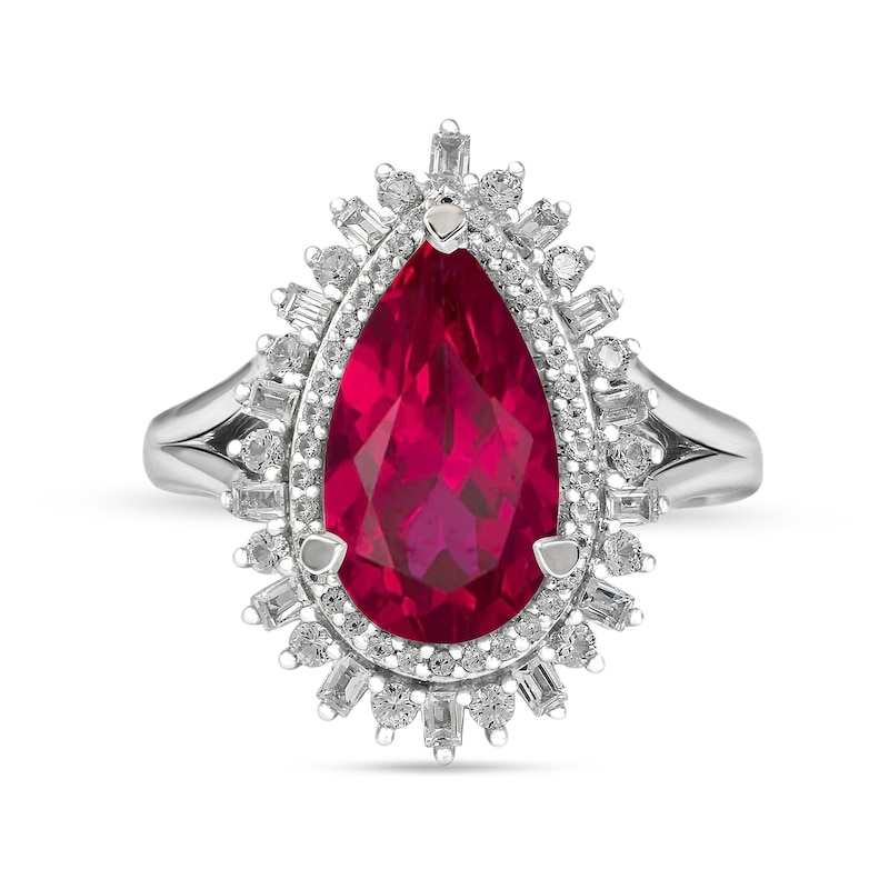 Pear-Shaped Lab-Created Ruby and White Lab-Created Sapphire Double Shadow Frame Split Shank Ring in Sterling Silver