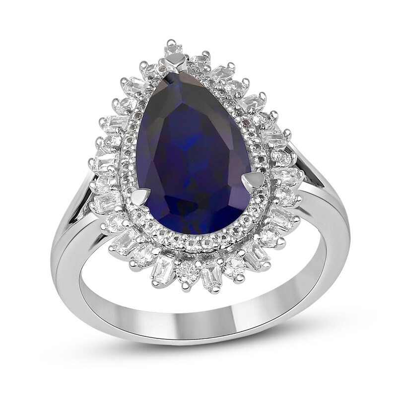 Pear-Shaped Blue and White Lab-Created Sapphire Double Shadow Frame Split Shank Ring in Sterling Silver