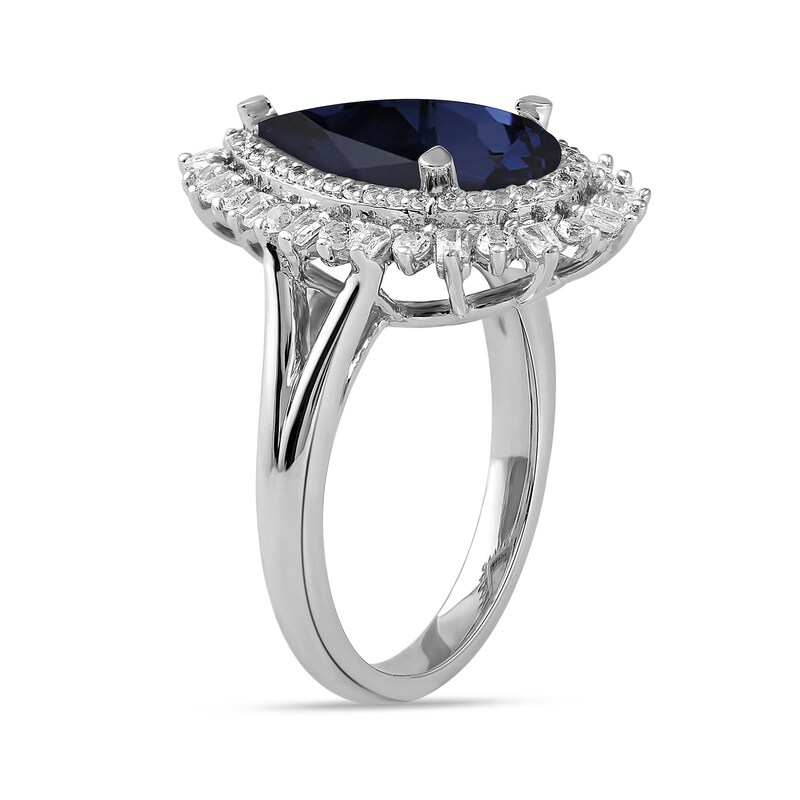Pear-Shaped Blue and White Lab-Created Sapphire Double Shadow Frame Split Shank Ring in Sterling Silver