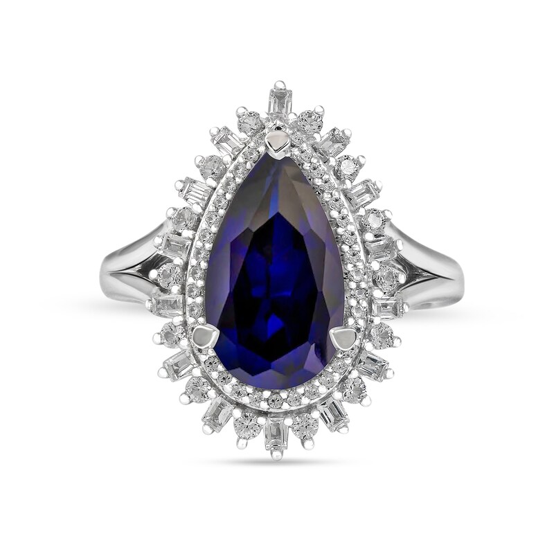 Pear-Shaped Blue and White Lab-Created Sapphire Double Shadow Frame Split Shank Ring in Sterling Silver