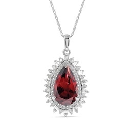 Pear-Shaped Garnet and White Lab-Created Sapphire Double Shadow Frame Drop Pendant in Sterling Silver