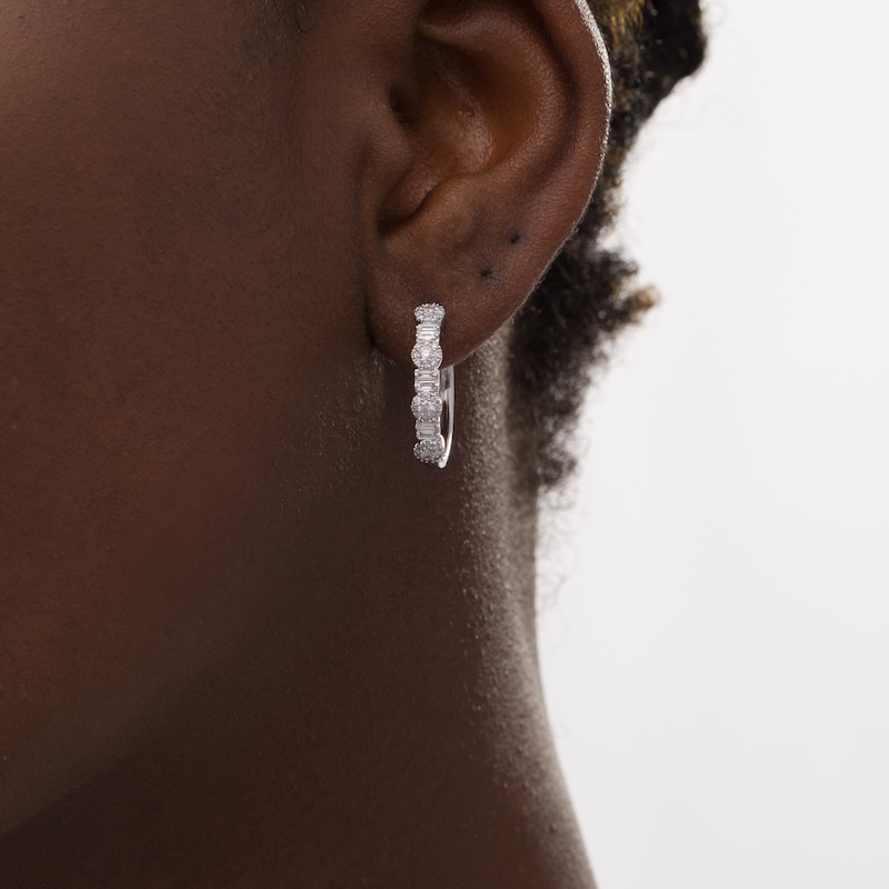 Main Image 2 of 0.60 CT. T.W. Diamond Frame Alternating Hoop Earrings in 10K White Gold