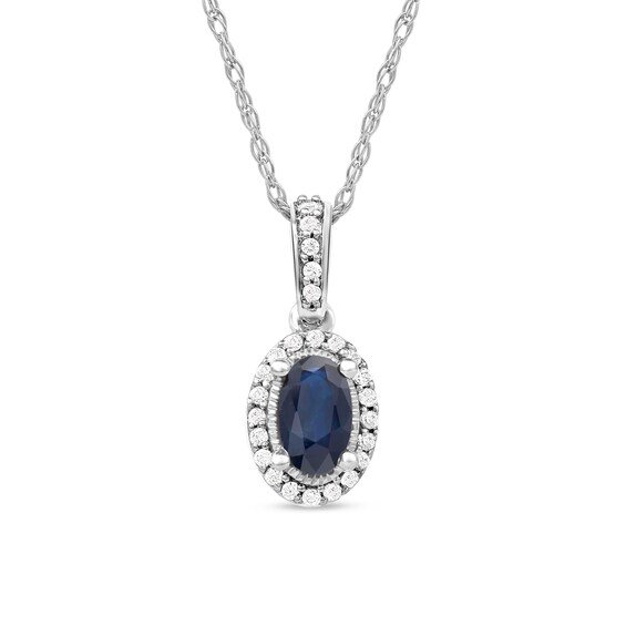 Oval Blue Sapphire and 0.06 CT. T.W. Diamond Framed Vintage-Style Drop Pendant in 10K White Gold