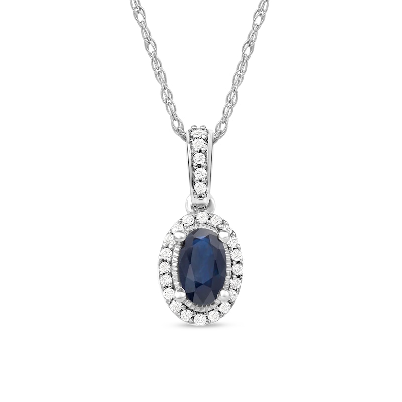 Oval Blue Sapphire and 0.06 CT. T.W. Diamond Framed Vintage-Style Drop Pendant in 10K White Gold