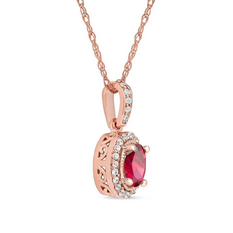 Main Image 2 of Oval Ruby and 0.06 CT. T.W. Diamond Framed Vintage-Style Drop Pendant in 10K Rose Gold