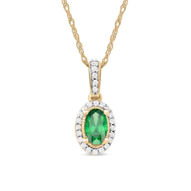 Oval Emerald and 0.06 CT. T.W. Diamond Framed Vintage-Style Drop Pendant in 10K Gold|Peoples Jewellers