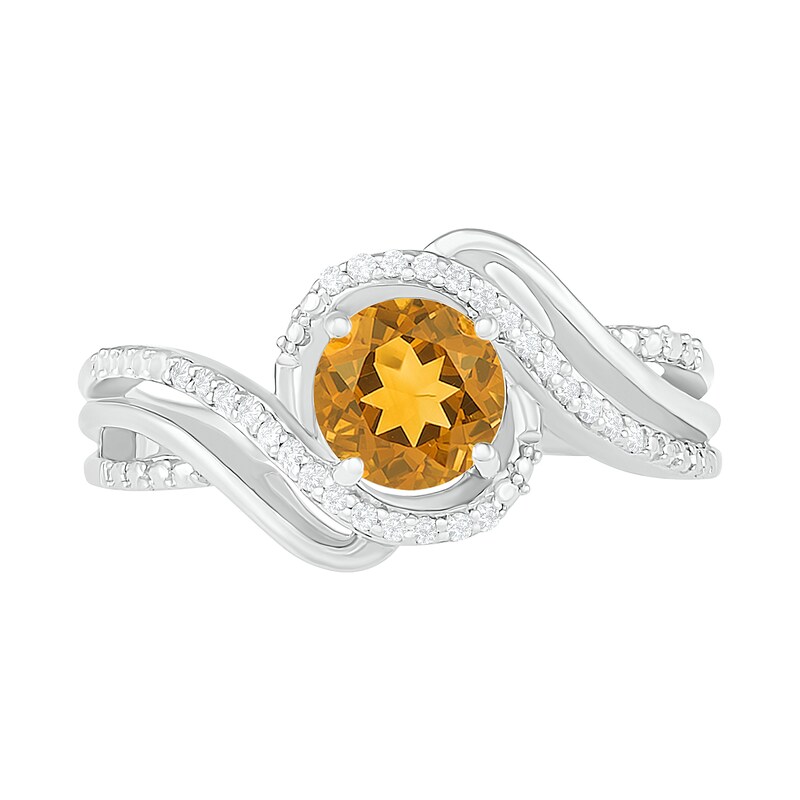 Main Image 2 of 6.0mm Citrine and 0.07 CT. T.W. Diamond Beaded Triple Row Bypass Twist Shank Ring in Sterling Silver