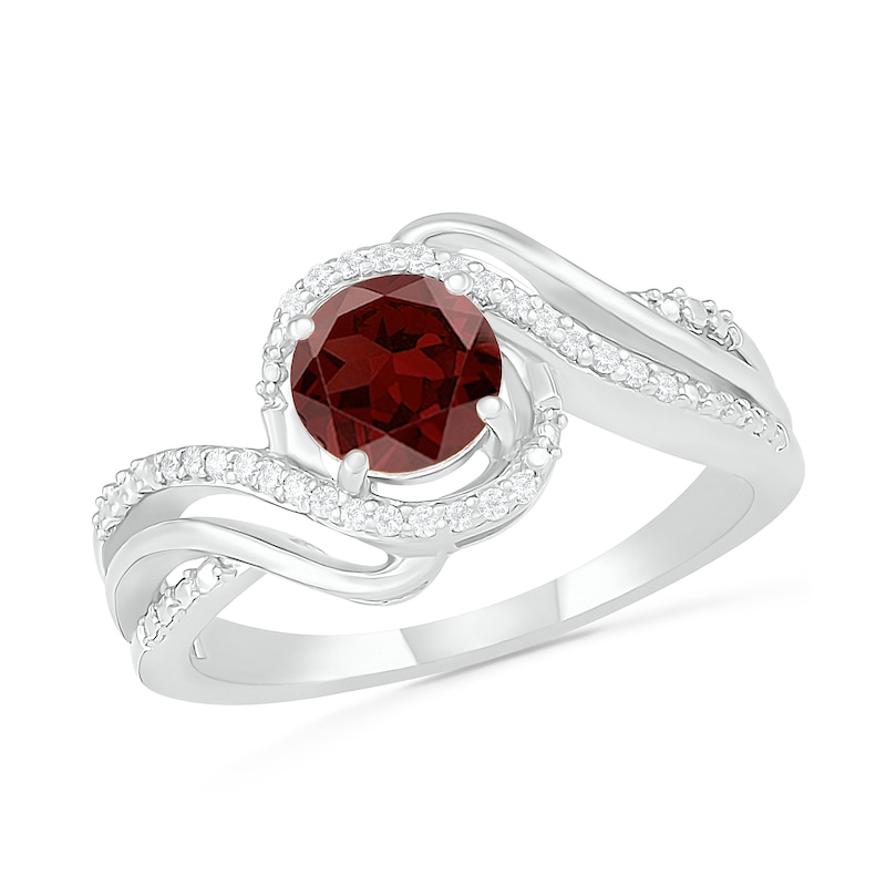 6.0mm Garnet and 0.07 CT. T.W. Diamond Beaded Triple Row Bypass Twist Shank Ring in Sterling Silver
