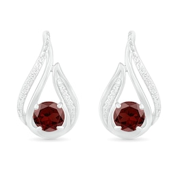 5.0mm Garnet and 0.07 CT. T.W. Diamond Beaded Open Flame Stud Earrings in Sterling Silver