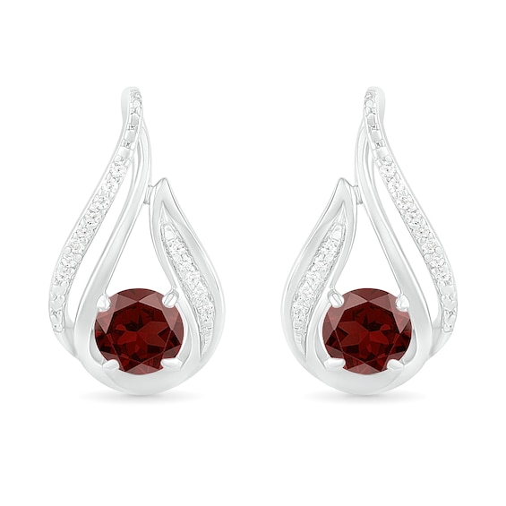 5.0mm Garnet and 0.07 CT. T.W. Diamond Beaded Open Flame Stud Earrings in Sterling Silver