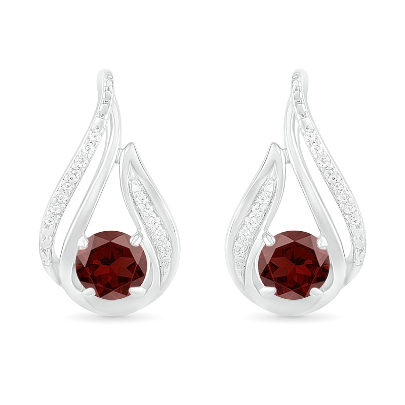 5.0mm Garnet and 0.07 CT. T.W. Diamond Beaded Open Flame Stud Earrings in Sterling Silver