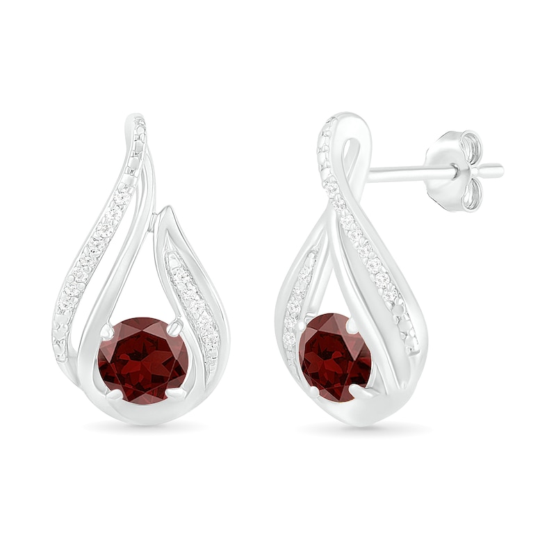 Main Image 2 of 5.0mm Garnet and 0.07 CT. T.W. Diamond Beaded Open Flame Stud Earrings in Sterling Silver