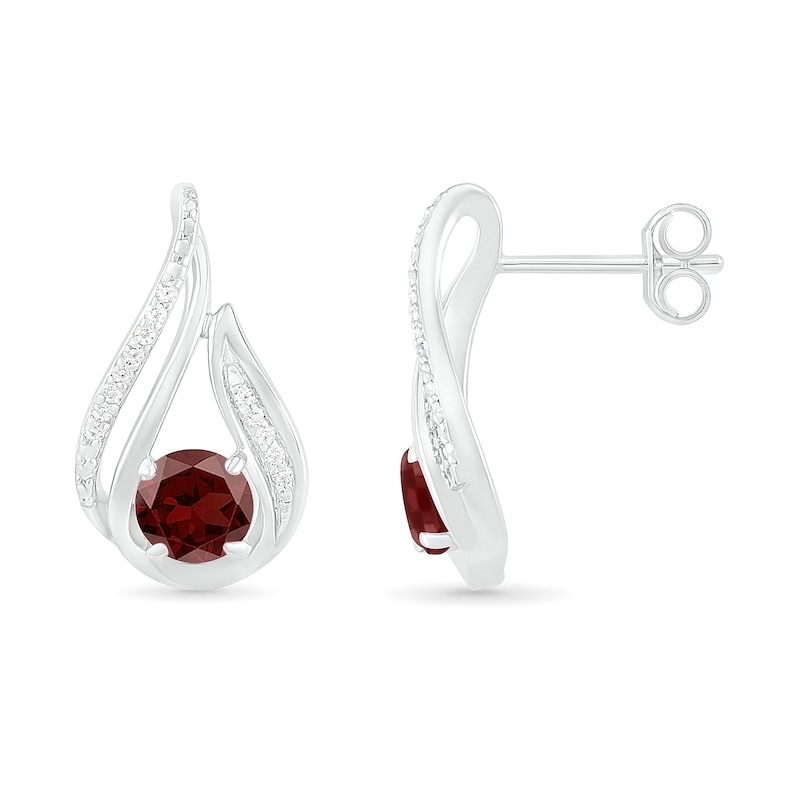 5.0mm Garnet and 0.07 CT. T.W. Diamond Beaded Open Flame Stud Earrings in Sterling Silver