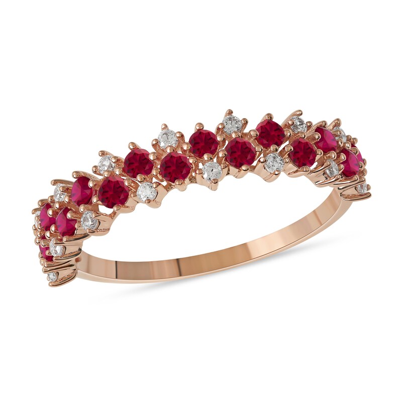 Ruby and 0.15 CT. T.W. Diamond Zig-Zag Double Row Split Shank Ring in 10K Rose Gold