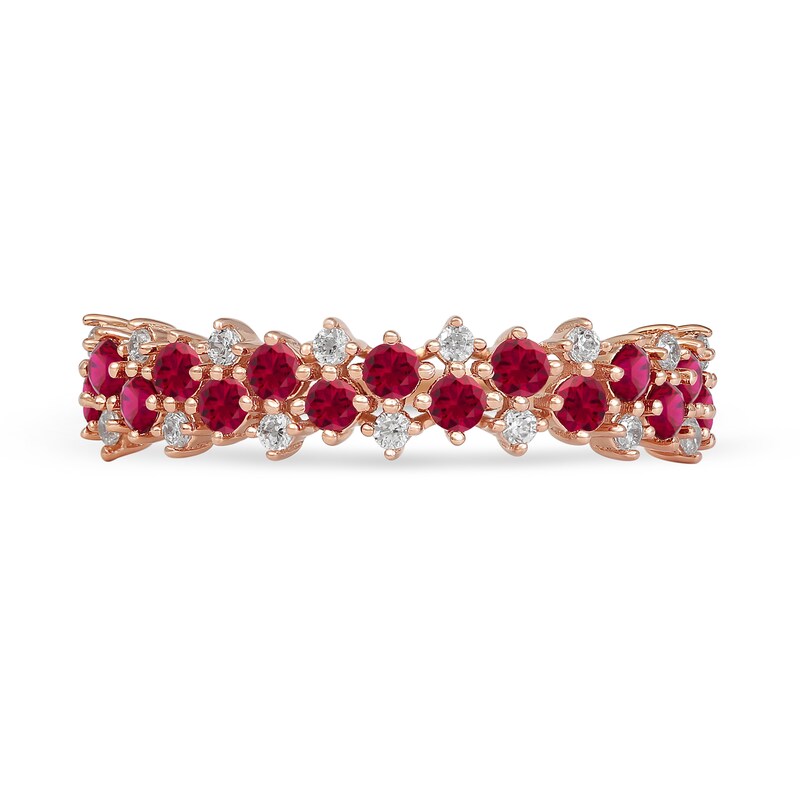 Ruby and 0.15 CT. T.W. Diamond Zig-Zag Double Row Split Shank Ring in 10K Rose Gold