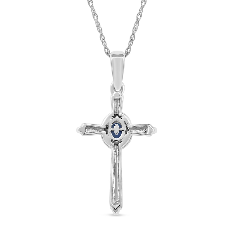 Oval Blue Sapphire and 0.04 CT. T.W. Diamond Frame Layered Cross Pendant in 10K White Gold|Peoples Jewellers