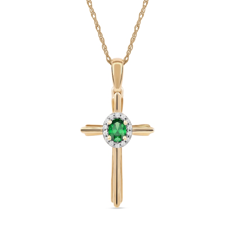 Oval Emerald and 0.04 CT. T.W. Diamond Frame Layered Cross Pendant in 10K Gold|Peoples Jewellers