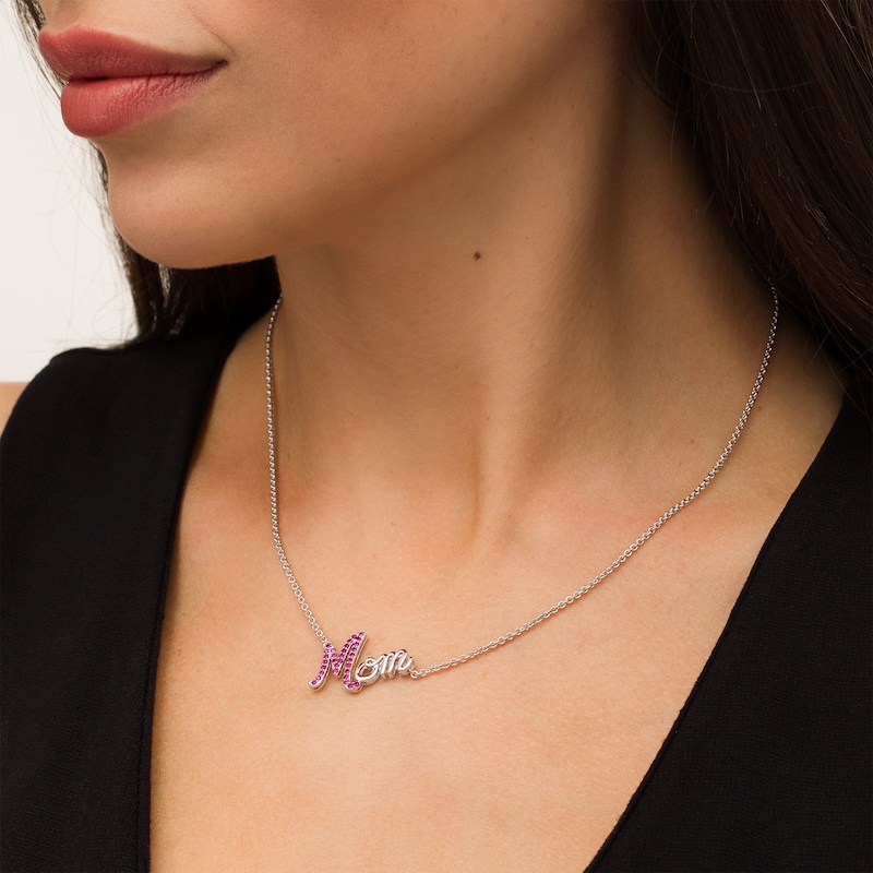Main Image 2 of Lab-Created Ruby Cursive "Mom" Necklace in Sterling Silver