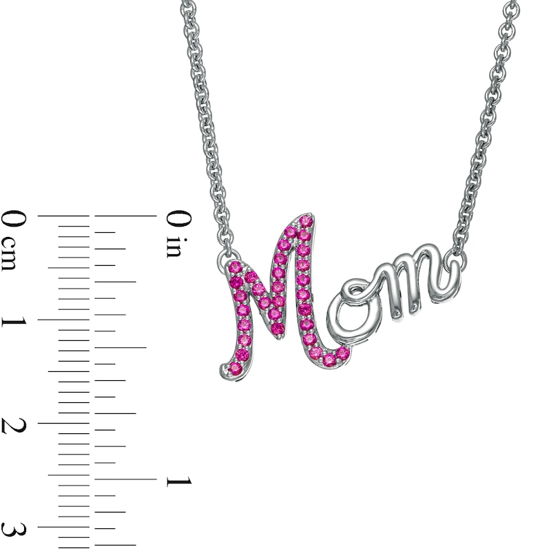 Lab-Created Ruby Cursive "Mom" Necklace in Sterling Silver|Peoples Jewellers