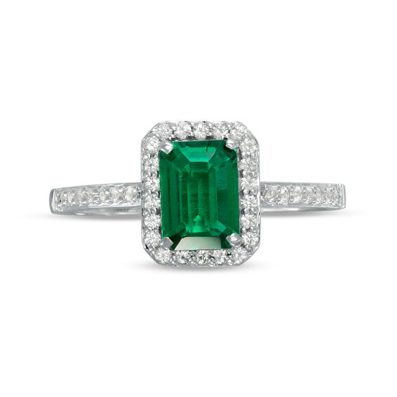 Emerald-Cut Lab-Created Emerald and White Sapphire Frame Ring in Sterling Silver