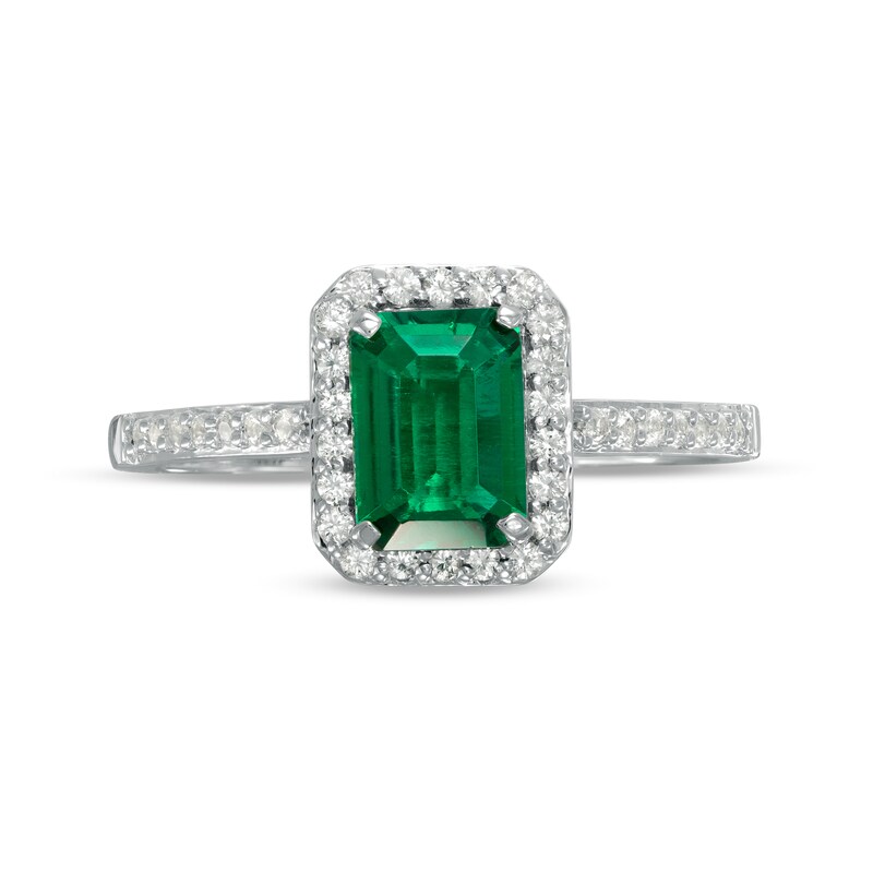 Emerald-Cut Lab-Created Emerald and White Sapphire Frame Ring in Sterling Silver