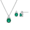 Lab-Created Emerald and White Sapphire Tri-Top Pendant and Stud Earrings Set in Sterling Silver