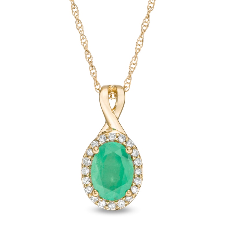 Oval Emerald and 0.08 CT. T.W. Diamond Frame Twist Drop Pendant in 10K Gold|Peoples Jewellers